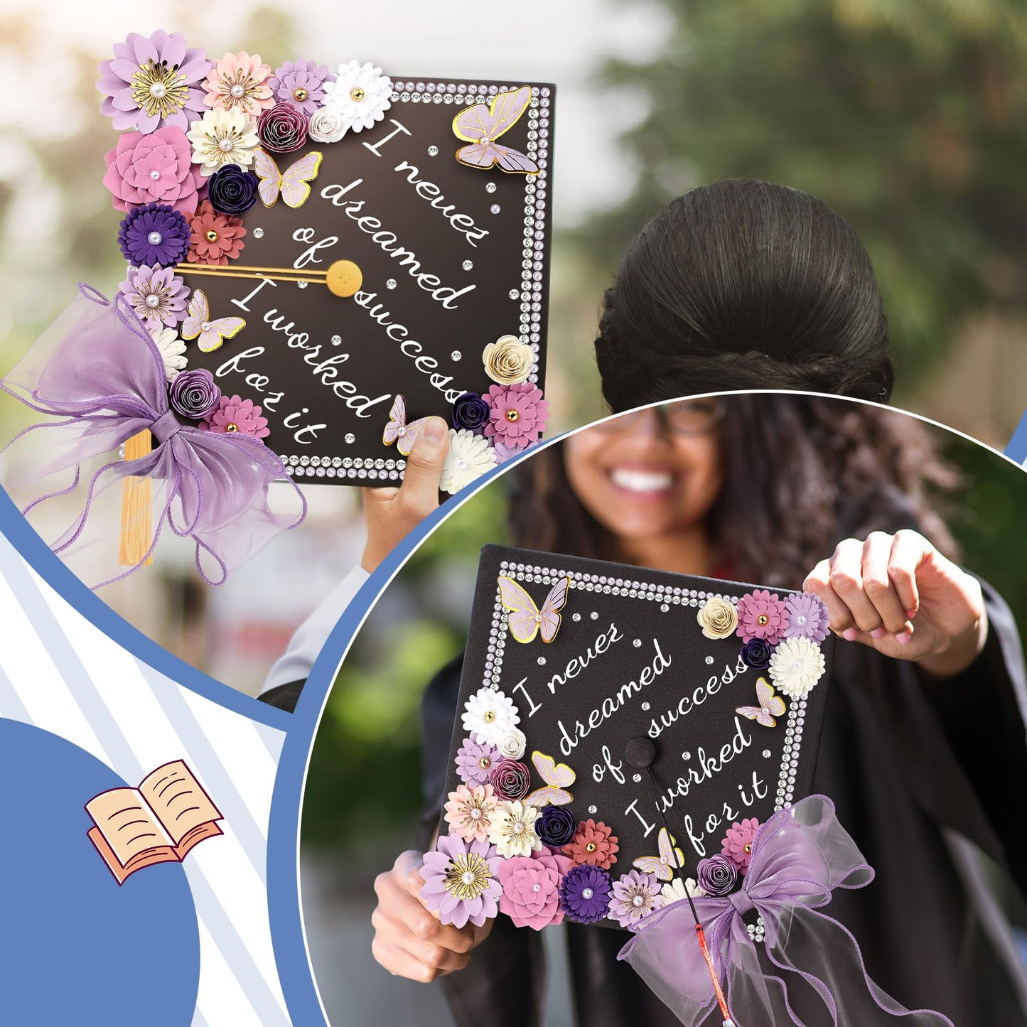 MotiMind 46 Pcs DIY Graduation Cap Decorations Kit Included Paper Flowers, 3D Butterfly Stickers