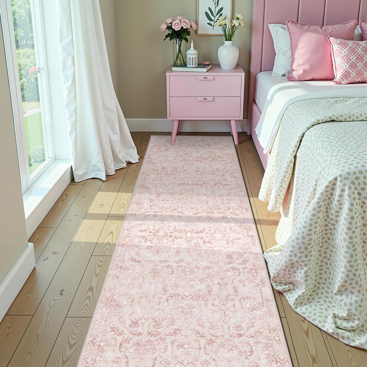 Pink 3x12 Runner Rug for Hallways Bed Side Kitchen, Boho Washable Distressed Low-Pile Floor Entryway Long Bathroom Mat, Non-Slip Laundry Room Washstand Front Carpet Green 36x144 Inch