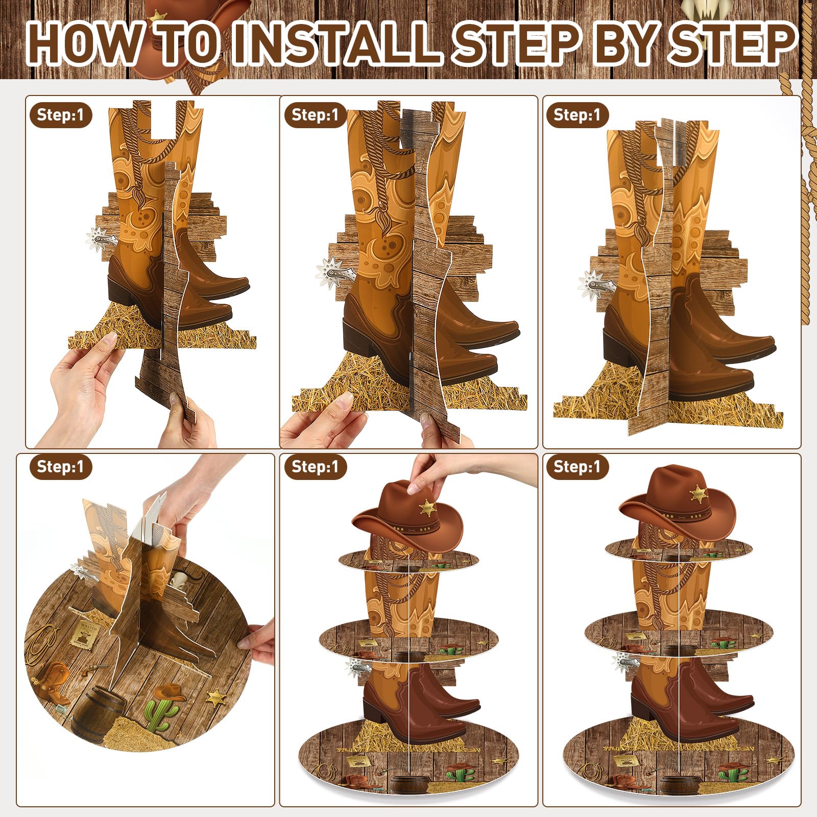 Zopeal 3 Tier Western Cupcake Stand Holder for Cowboy Party Decoration,None