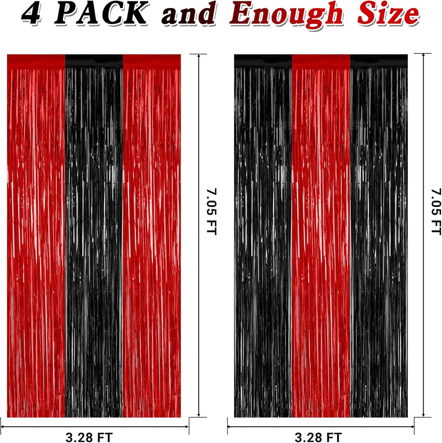 4 Pack Halloween Wall Backdrop, 3.28 FT x 7.05 FT Red and Black Party Streamer, Metallic Tinsel Curtains Fringe Backdrop Foil Streamer, Halloween Hanging Decor Casino Theme Party Decorations