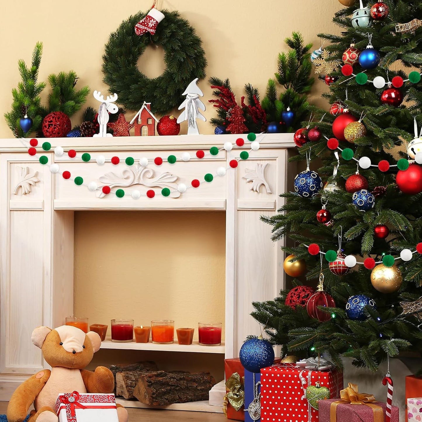 3 Pack Pom Pom Garland Colorful Felt Ball Garland Decorations, 6.5 Feet Long with 30 Balls Banner Hanging Supplies for Christmas, Parties (Red, Green & White)