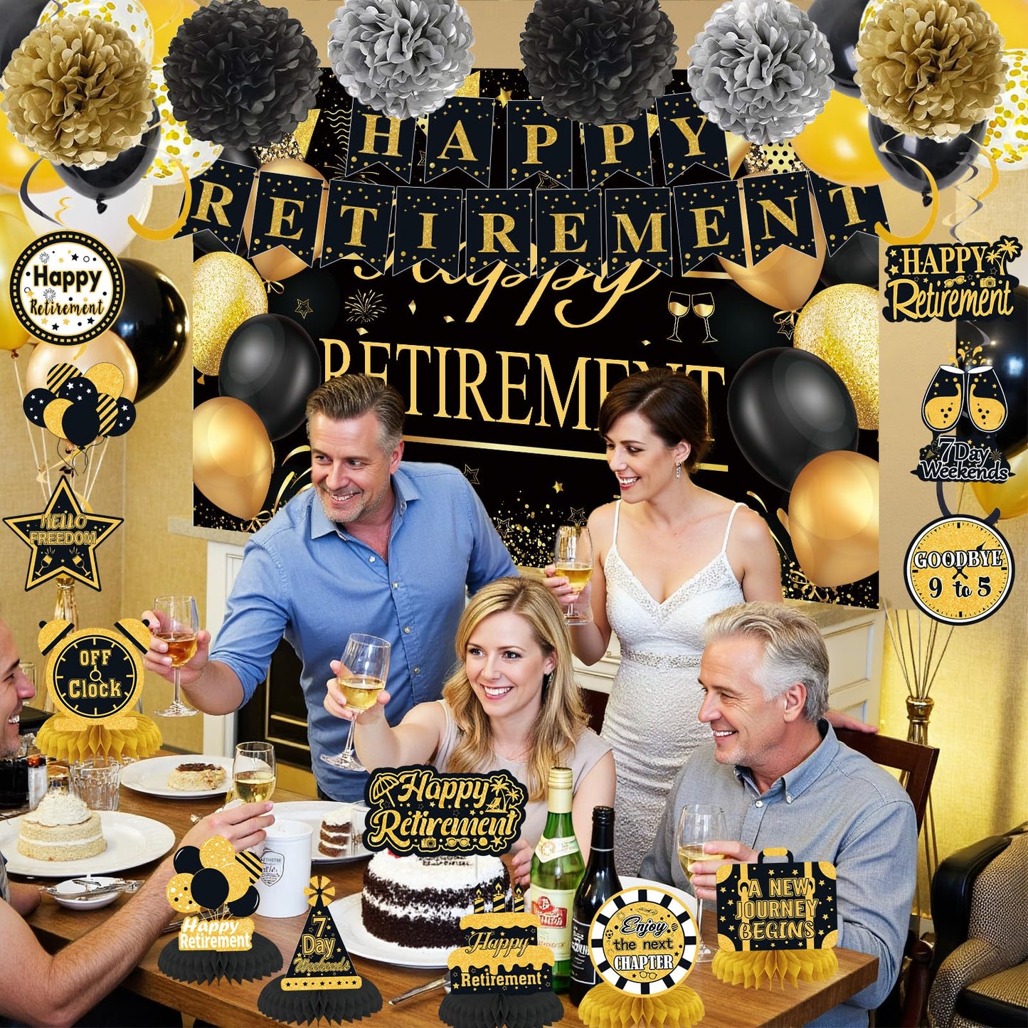 Retirement Party Decorations for Men Women Black Gold Happy Retirement Banner Backdrop Balloons