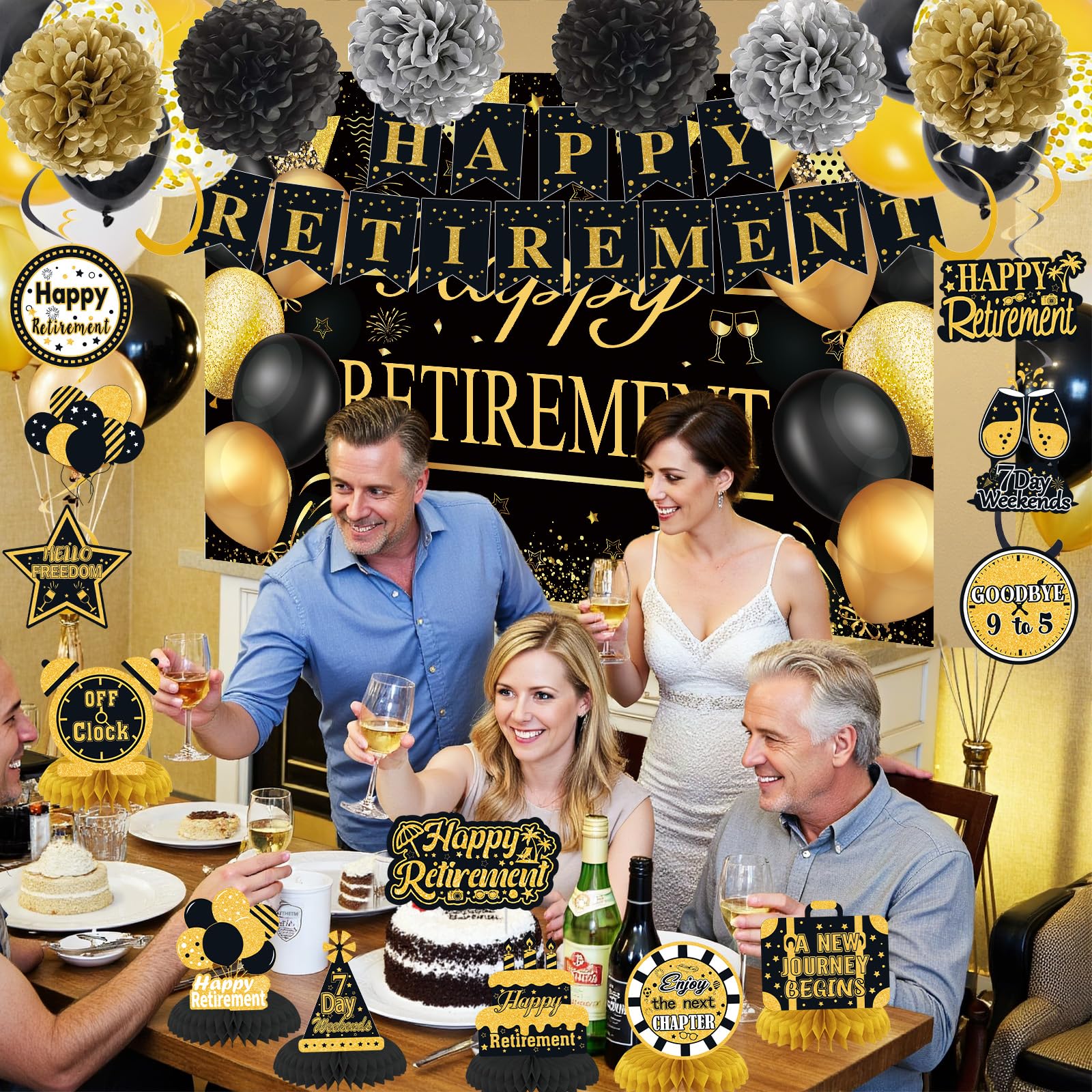 Retirement Party Decorations for Men Women Black Gold Happy Retirement Banner Backdrop Balloons