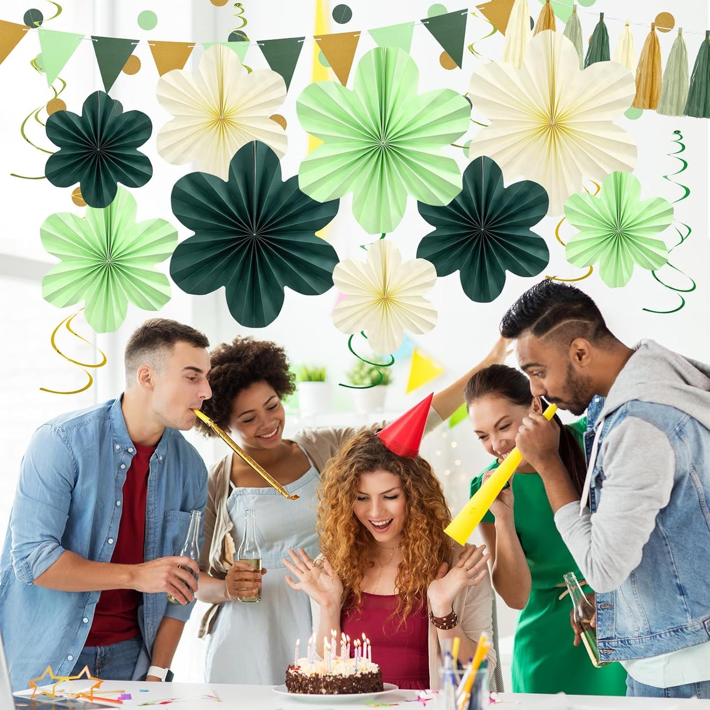 Sage Green Birthday Decoration, Plant Birthday Decorations with Hanging Paper Flowers, Tassel Garland and Swirls, Sage Green Party Decoration for Women Girls, Classroom Party Decor