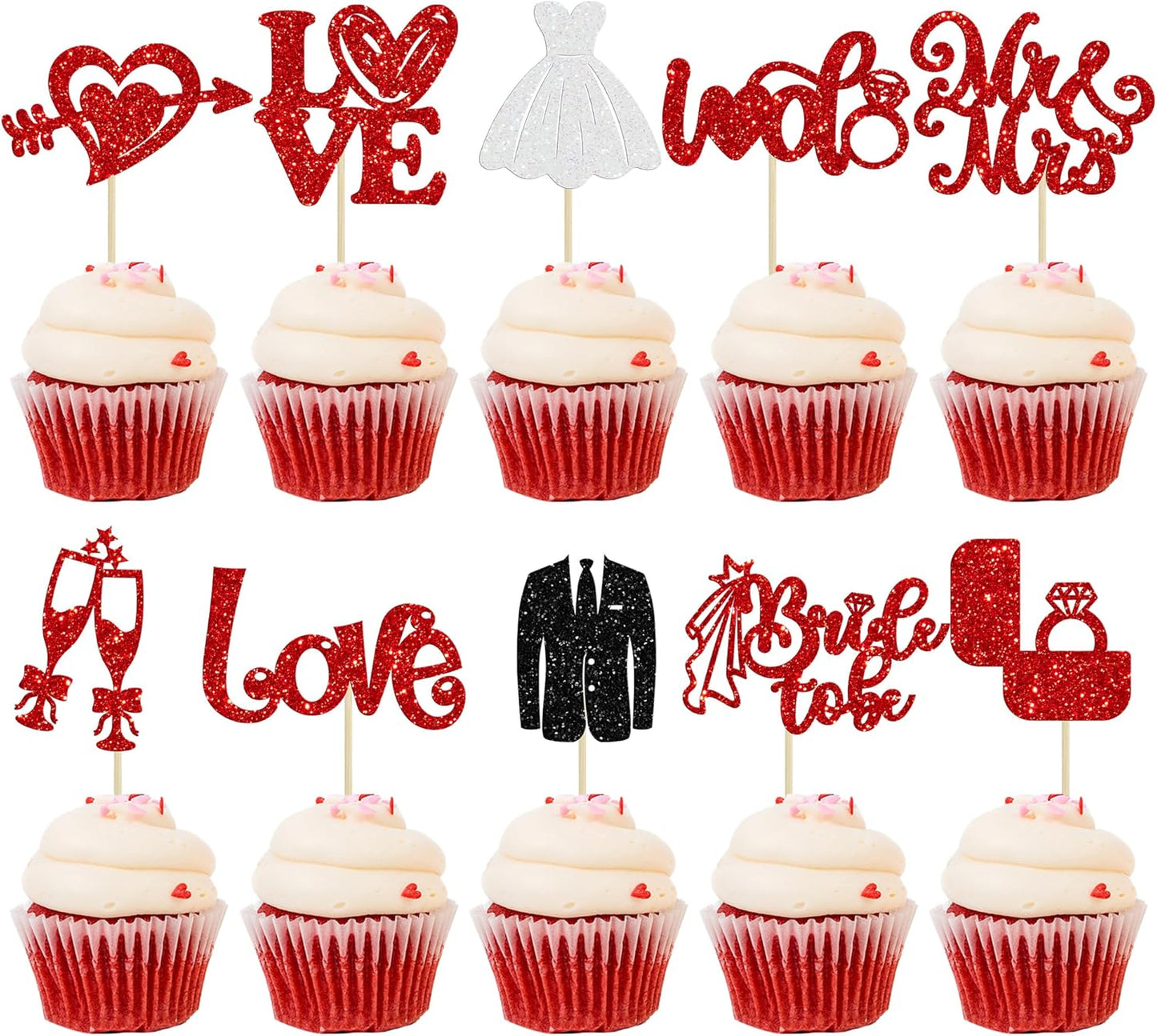 Ephlyn 30Pcs Bride to be Cupcake Toppers Glitter Wedding Cake Topper Decorations I Do Love Heart Ring Cupcake Picks for Bridal Shower Wedding Engagement Party Supplies Red