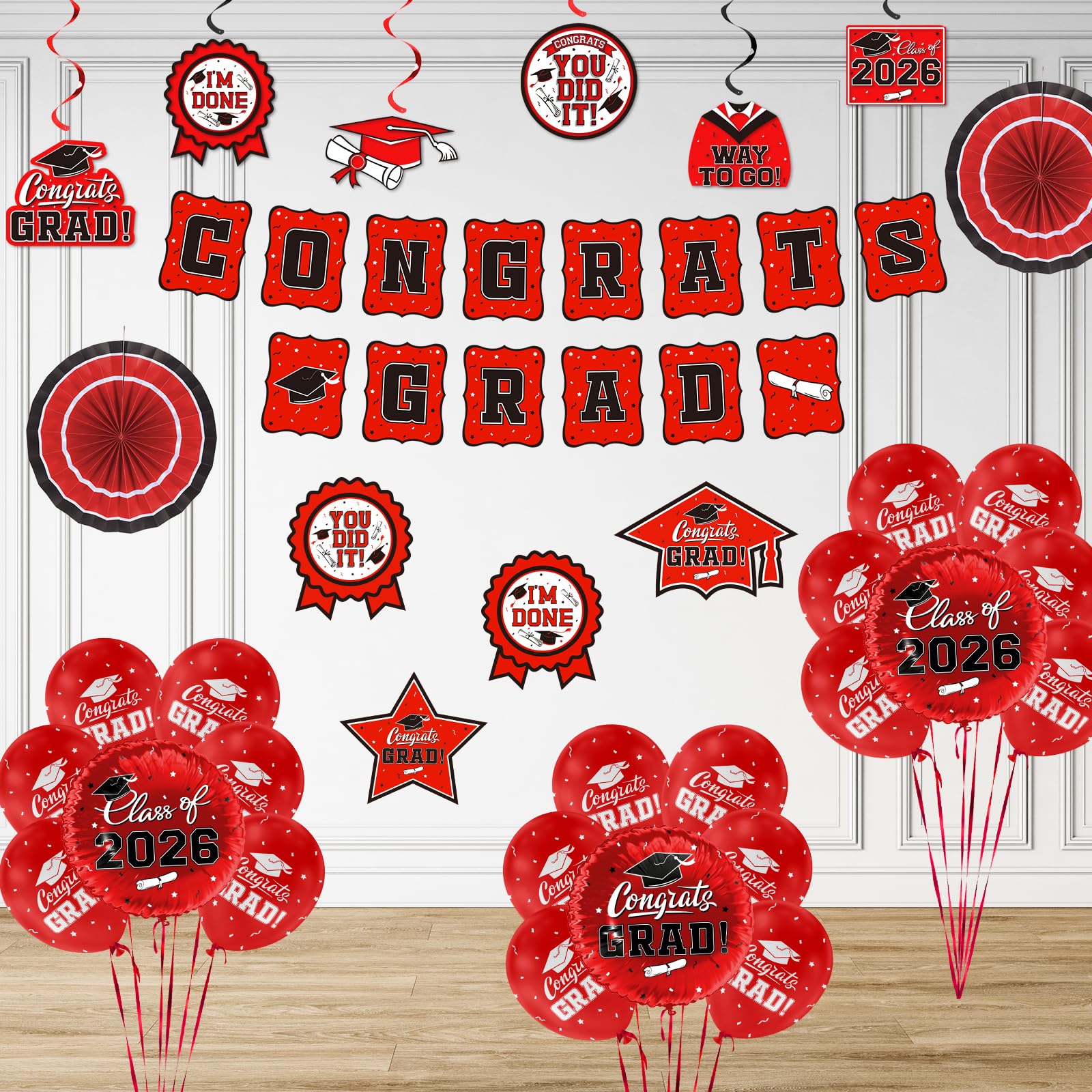 Red Themed 2026 Graduation Decorations Set - Congrats Grad Banner, Class of 2026Backdrop, Balloons