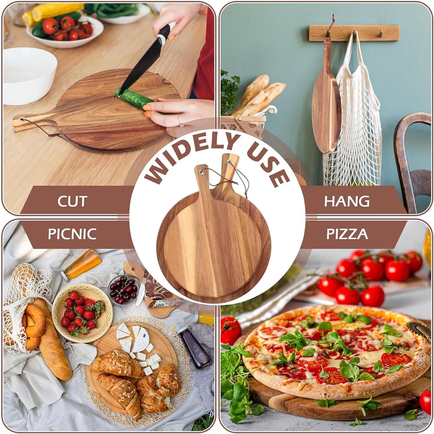 Pizza Boards with Handle 14 inch,Pizza Cutting Board Set of 6,Acacia Wood Pizza Peel 14 inch,Pizza Serving Tray Wood,Wooden Pizza Paddle Round,Small Charcuterie Boards for Cheese,Bread & Meat