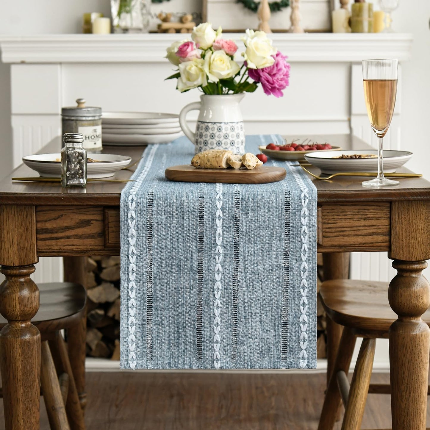 Artoid Mode Dusty Blue Cotton Linen Table Runner, Seasonal Rustic Embroidered Hollow Kitchen Dining Table Decoration for Home Party Decor 13x72 Inch