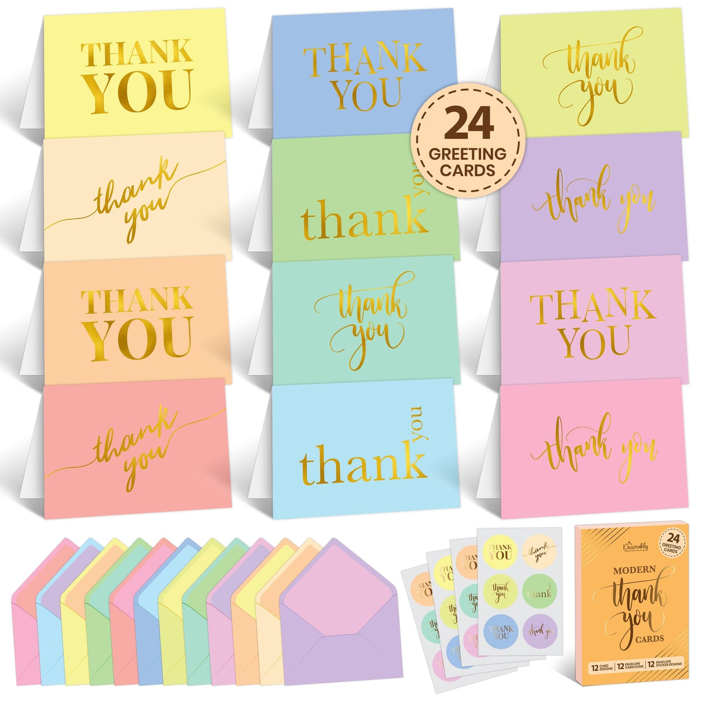 Decorably 24 Pack Gold Foil 6x4in Thank You Cards Kids