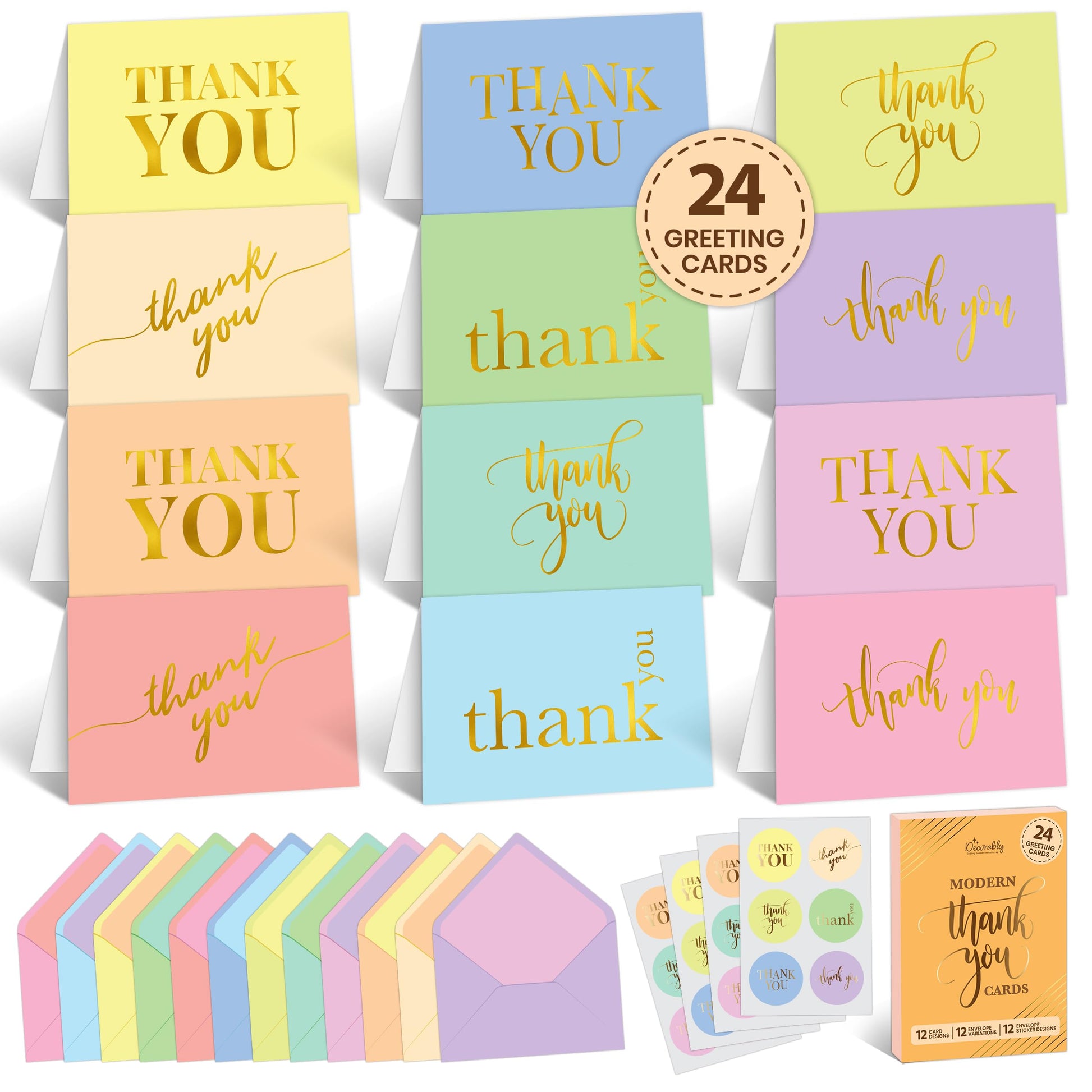 Decorably 24 Pack Gold Foil 6x4in Thank You Cards Kids