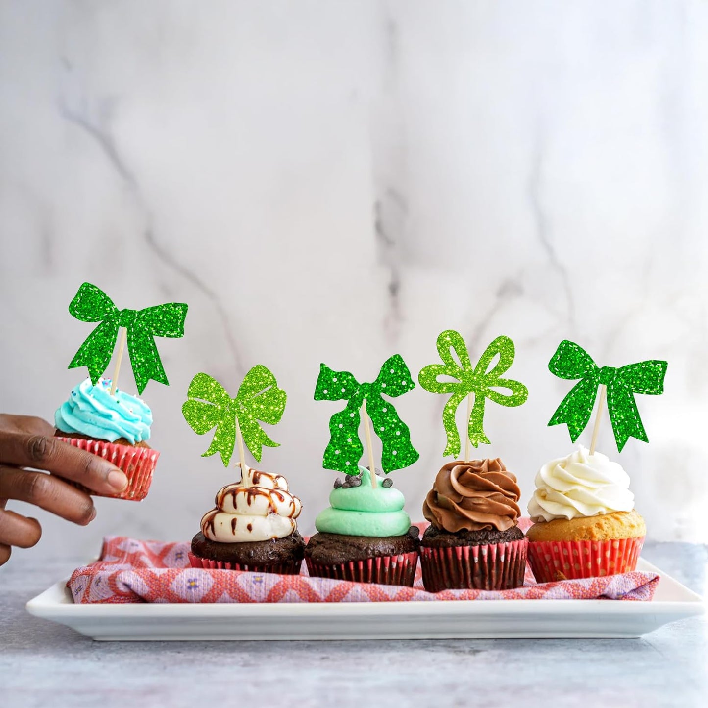 Ephlyn 24Pcs Bow Cupcake Toppers Bow Birthday Cake Topper Girls Birthday Party Decorations Bowknot Cupcake Decorations for Bridal Baby Shower Birthday Wedding Themed Party Green