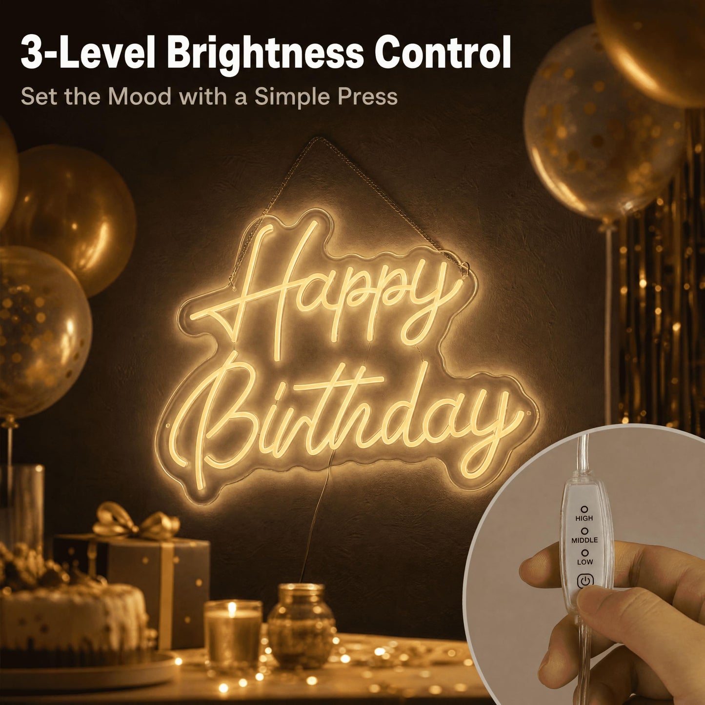 SCHMTSUNTOO Happy Birthday Neon Sign, 22x16.9in LED Dimmable Warm White
