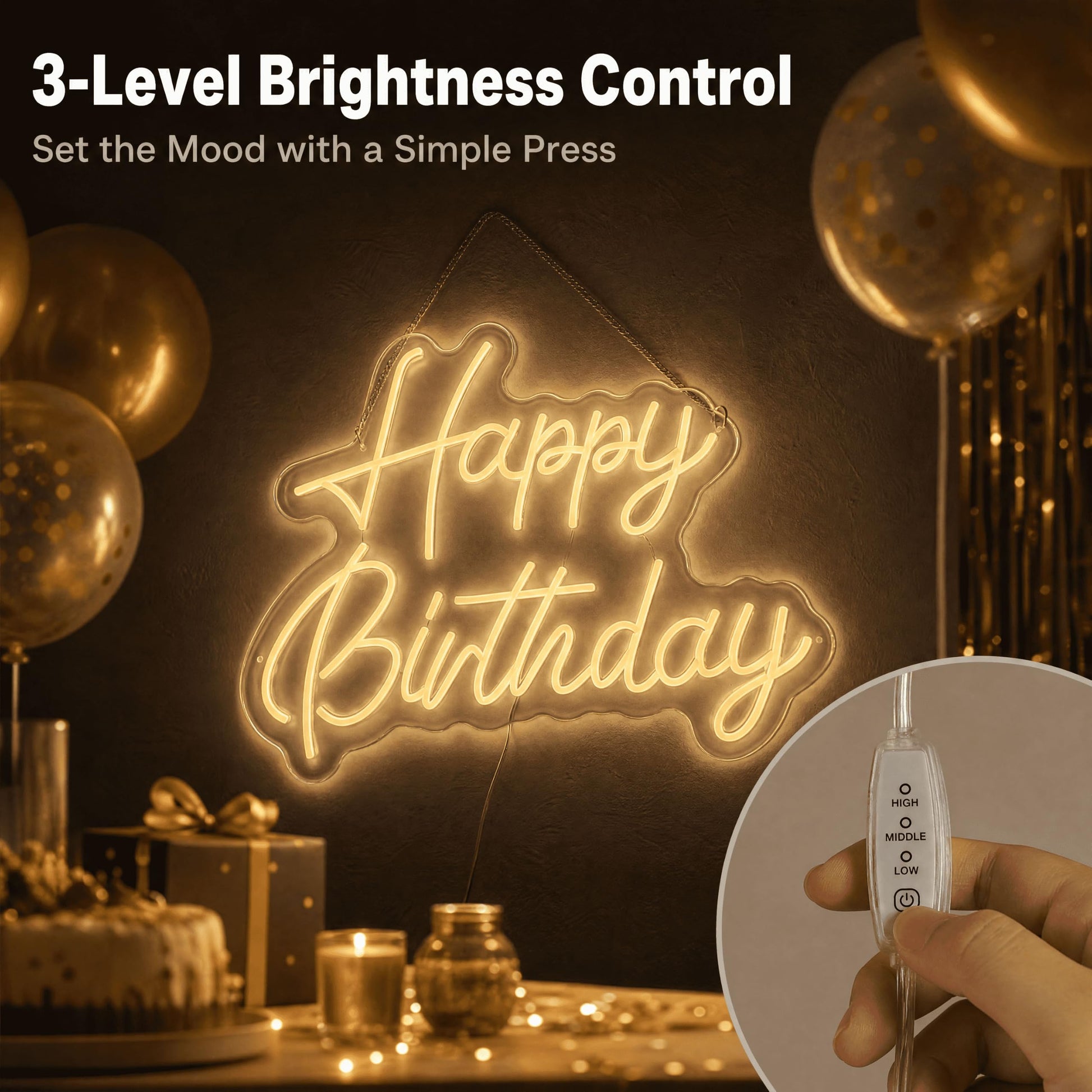 SCHMTSUNTOO Happy Birthday Neon Sign, 22x16.9in LED Dimmable Warm White