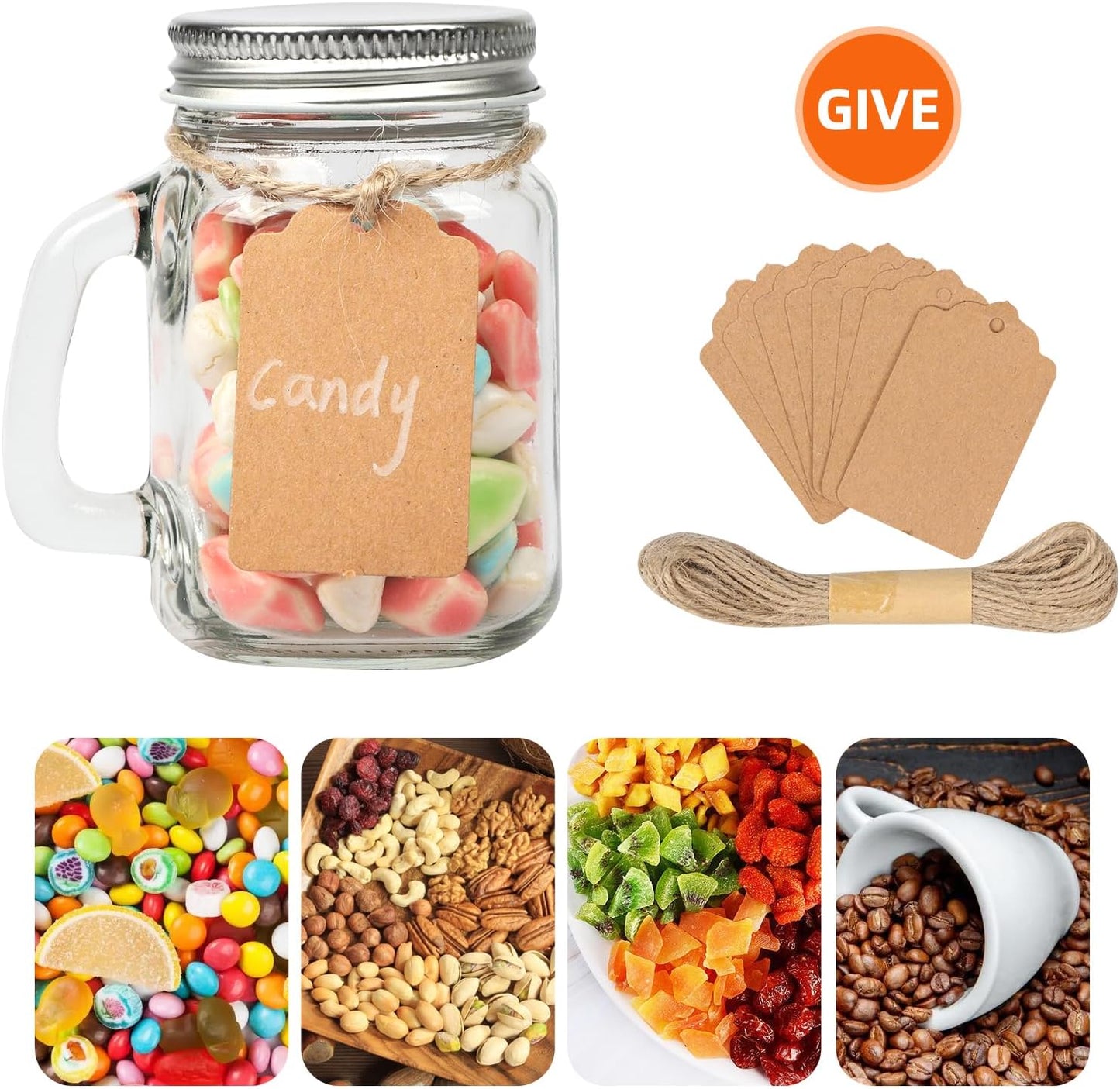 4 oz Small Mason Jar Mugs with Handle, 24 Pack Mini Glass Jars with Airtight Metal Lids, Empty Glass Mugs with Kraft Paper Gift Tag for Party Wedding Favor