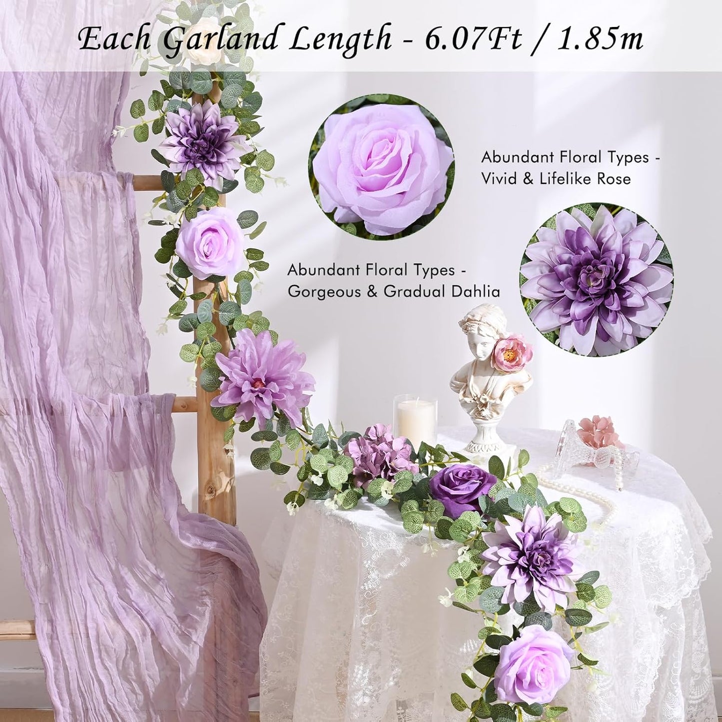 Waipfaru 2 Pcs Flower Garland, 6.07Ft Eucalyptus With Flowers, Rose Floral Vines for Wedding Reception Table Mantle Room Spring Summer Decor (Purple)