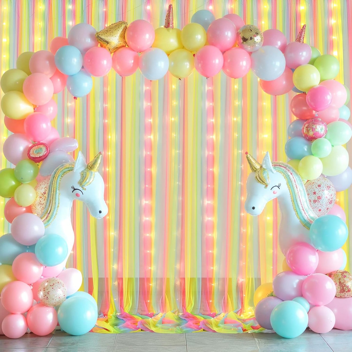 Rainbow Tulle Backdrop Curtain with Lights String 10x8ft Rainbow Sheer Backdrop Curtains for Girls Birthday Party Baby Shower Photo Shoot Background Decorations