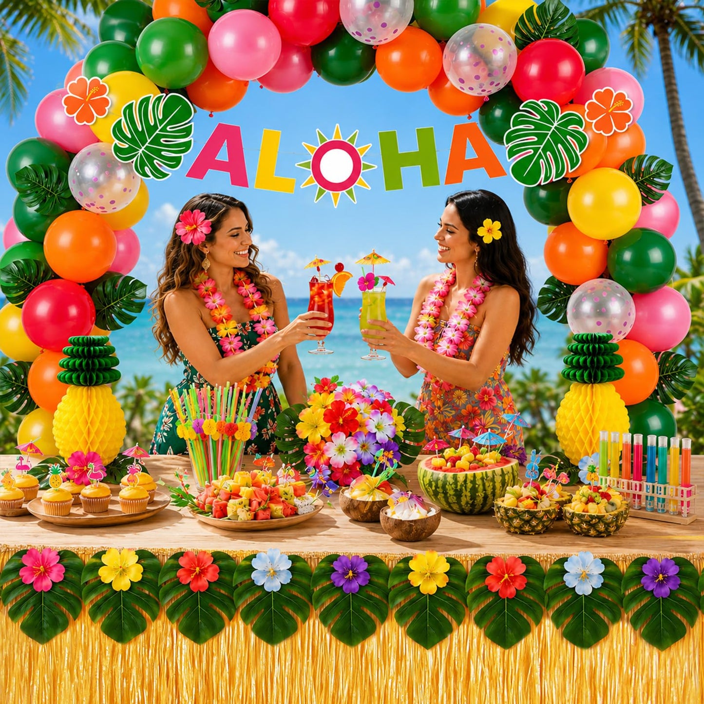 200 Pcs Aloha Luau Party Decorations Set, Hawaiian Tropical Summer Beach Party Supplies with