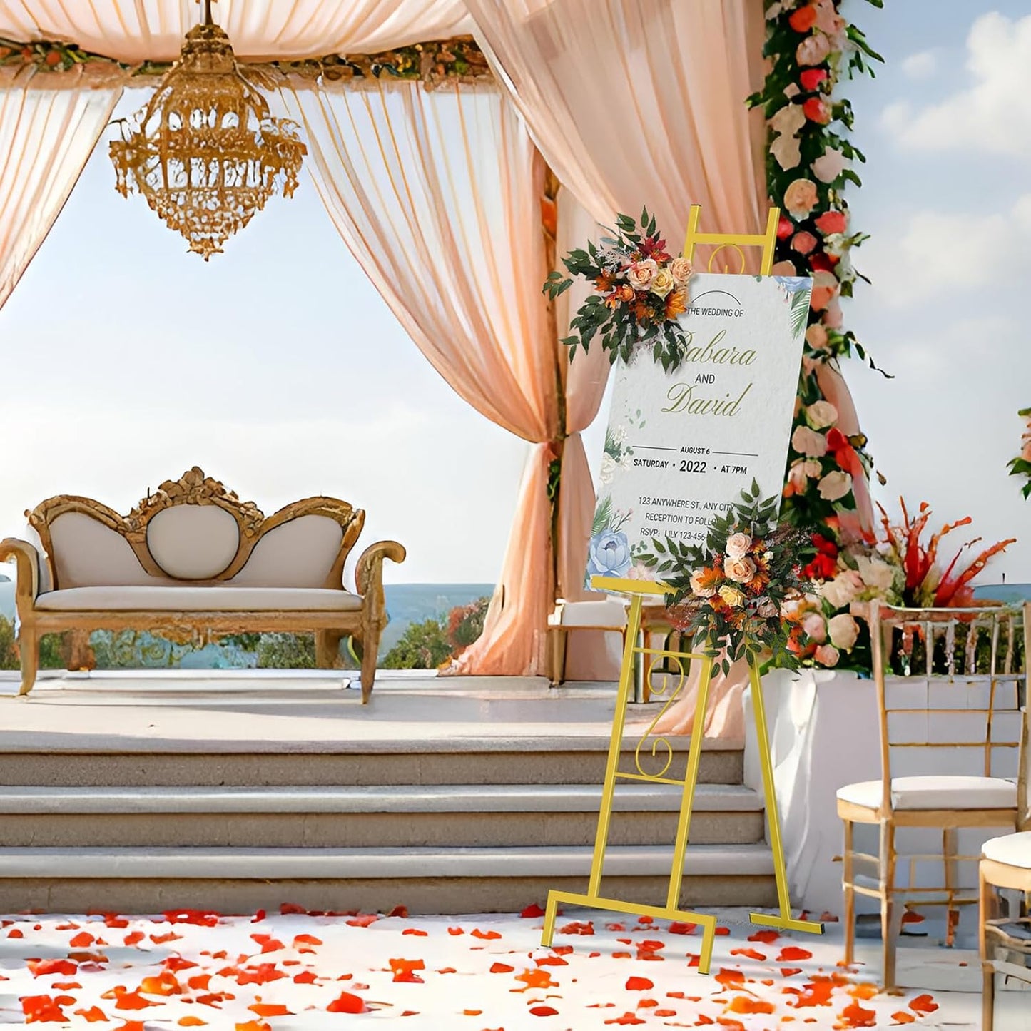 Skcoipsra 58IN Gold Easel Stand for Sign, 3 Tier Adjustable Larger Wedding Welcome Sign Holder, Art Poster Display Stand Free Standing with Chain, 17x17x58 Inch