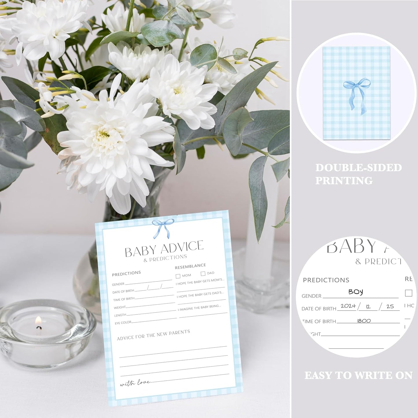 Advice For New Parents Baby Shower, Baby Predictions & Advice Cards For Baby Shower Games Activities, Wishes for Baby, 25 Double-Sided Thick Cards – Blue Bow A01