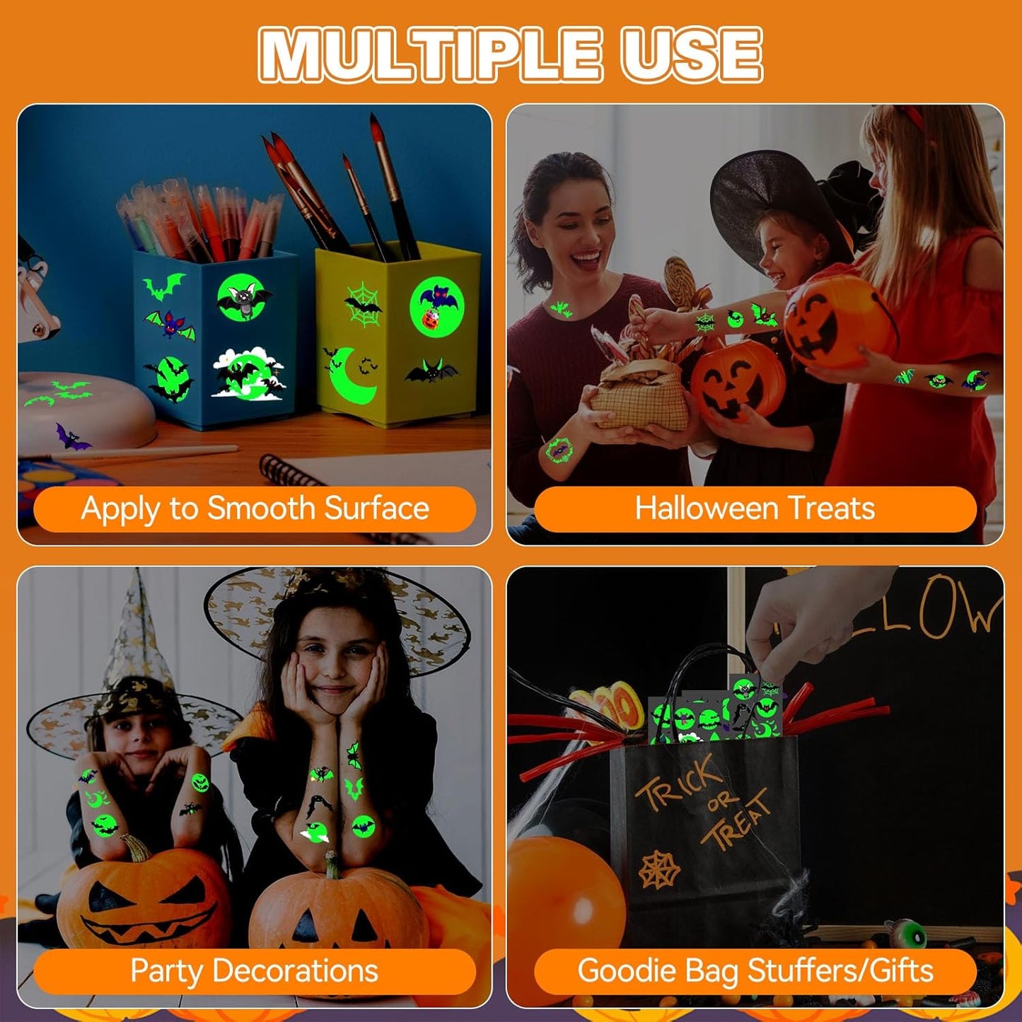 Luminous Halloween Temporary Tattoos for Kids，Halloween Party Favors-10 Sheet Glow Halloween Bat Tattoos for Boys and Girls,Halloween Decorations,Games Gift Prizes for Kids,Goodie Bag Fillers