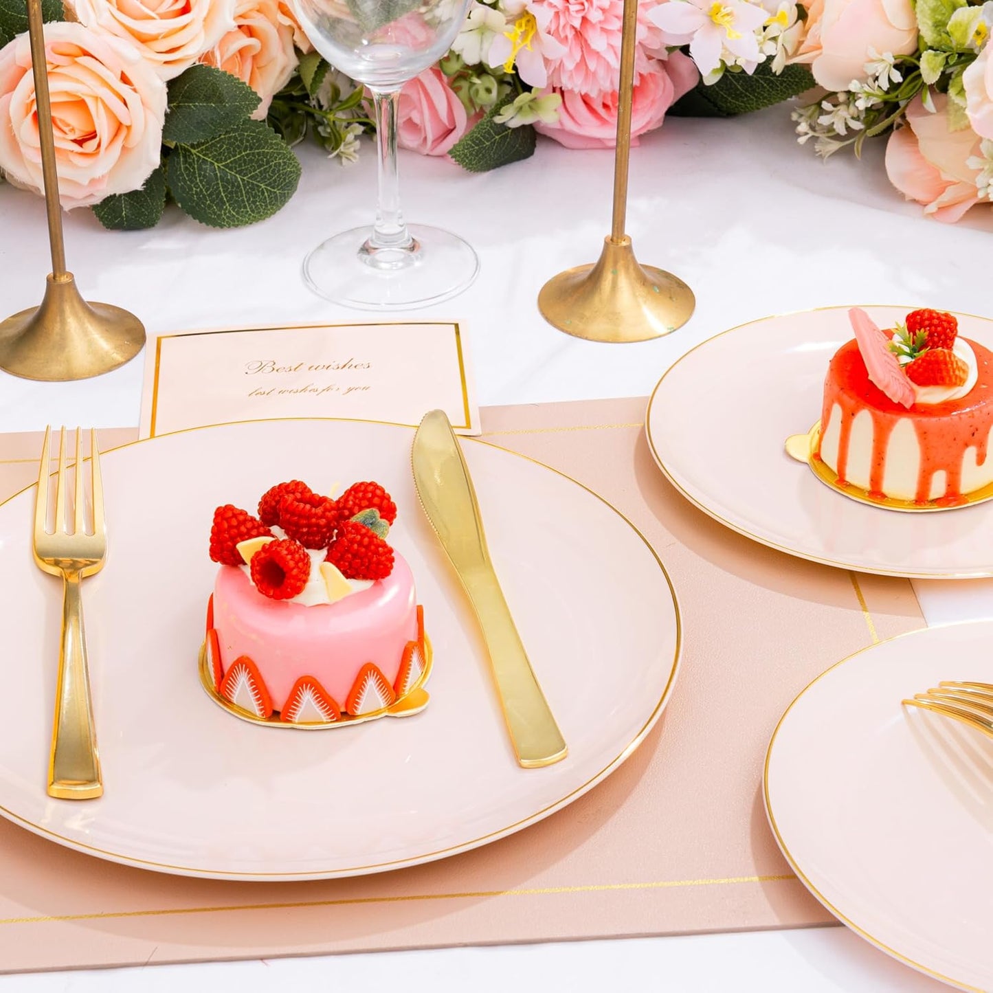 KIRE 175PCS Pink Plates Disposable - Heavy Duty Pink and Gold Plastic Plates Dinnerware Sets - 25 for Dinner 25 for Dessert 25 Pre Rolled Napkins 25Cups for Birthday Party/Wedding