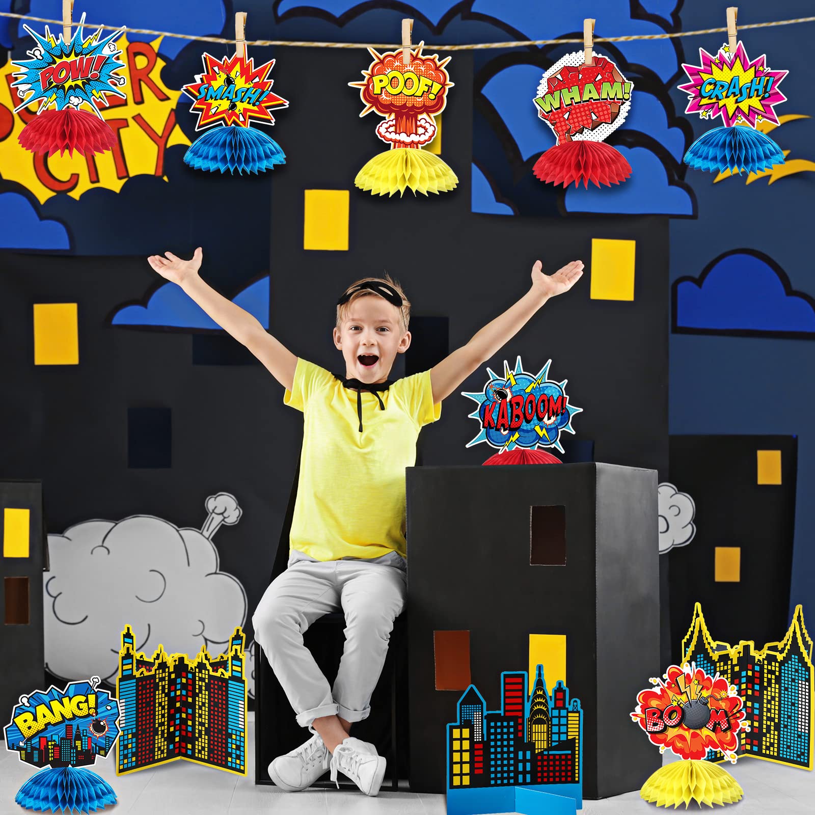 Funrous 11 Pcs Hero Party Decoration Hero Honeycomb Centerpieces,Classic