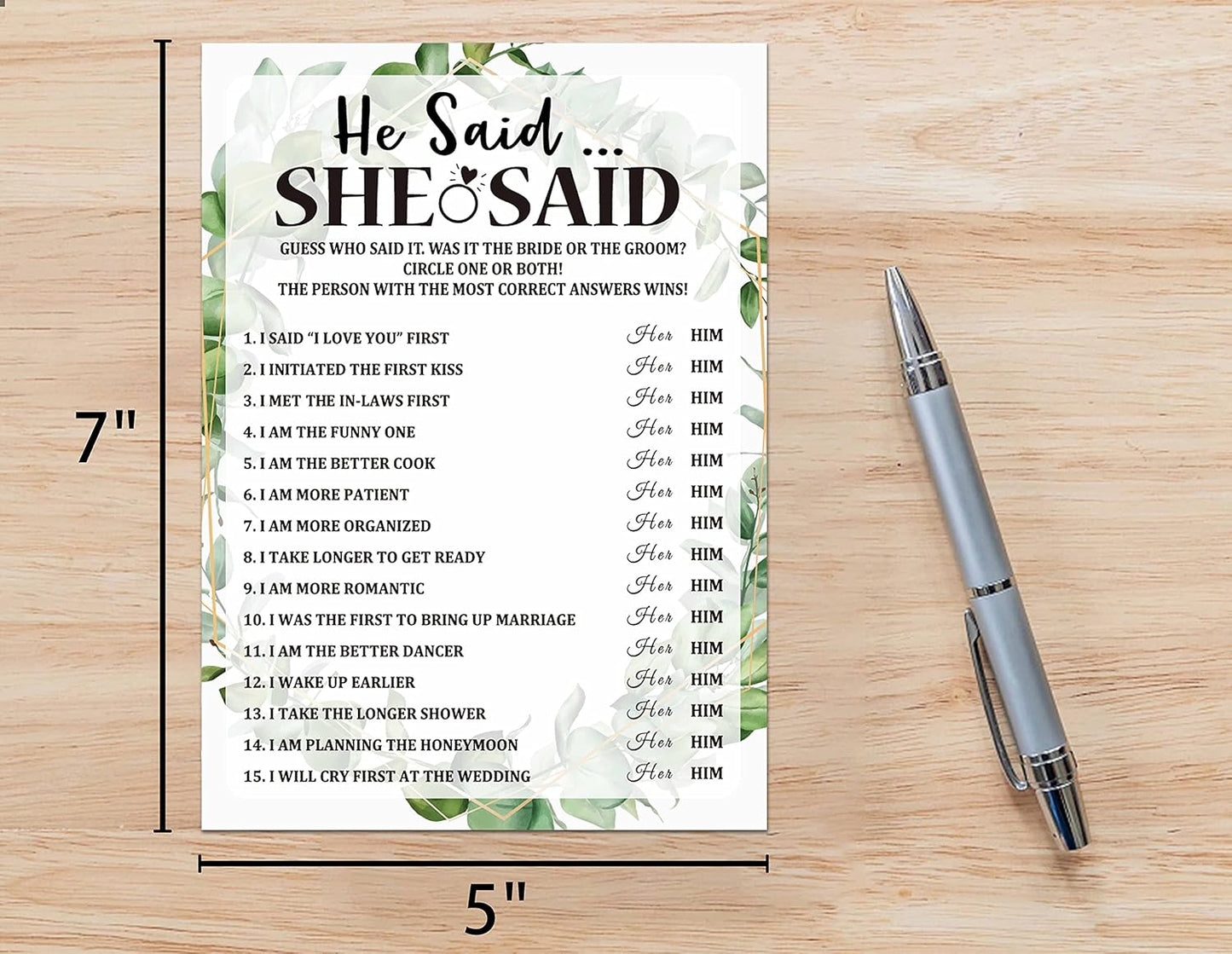 Bridal Shower Game Cards, He Said She Said Game, Tropical Jungle Theme Engagement Party Cards For Wedding, Set of 30 (Leaf002)