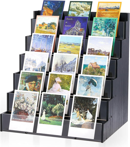 6 Tier Greeting Card Display Stand Black Bamboo and Acrylic Sticker Display Stand Trading Card Holder Retail Photos Shelf for Vendors Craft Collection & Show