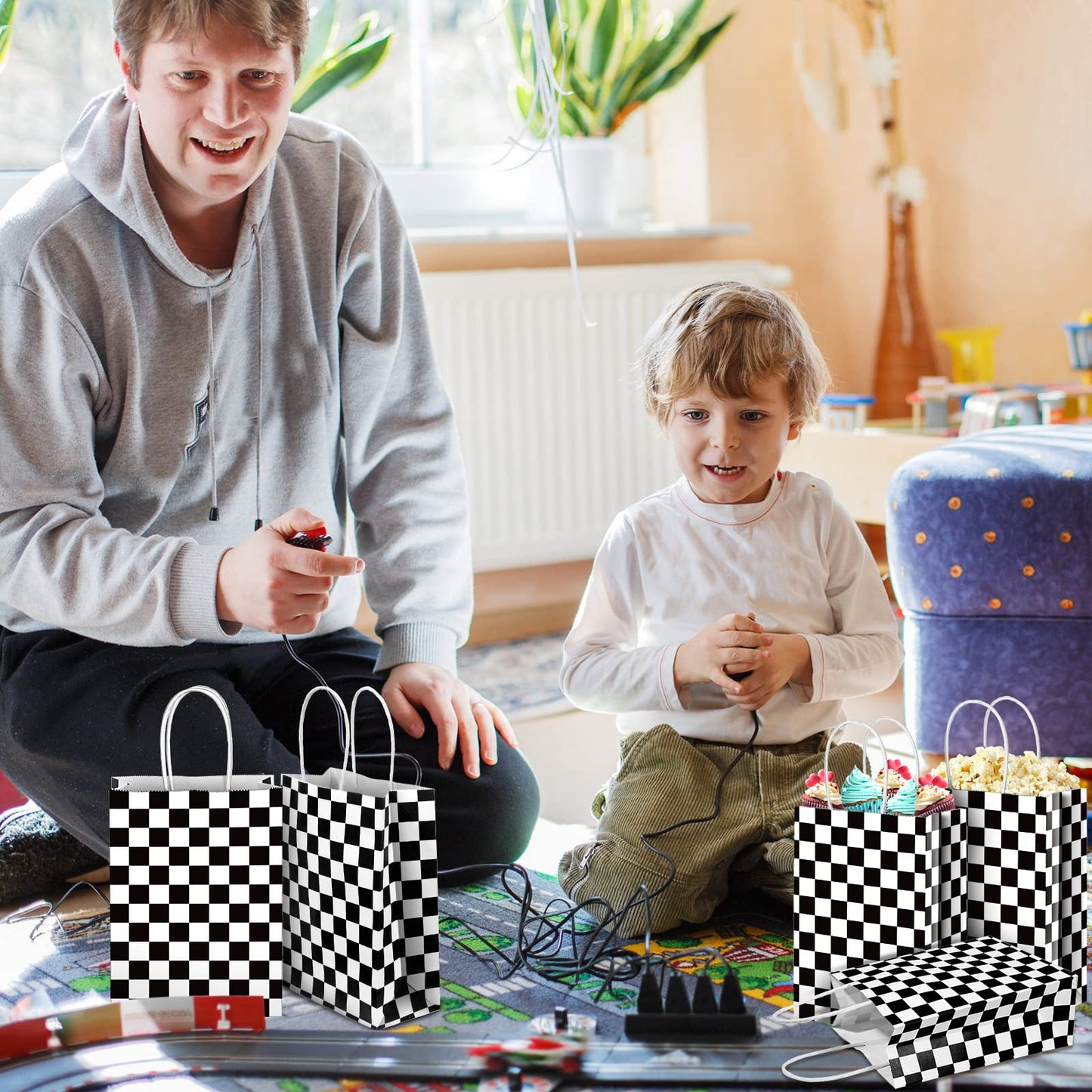Epakh 16 Pcs Race Car Party Favor Bags, Checkered Flag Treat Bags