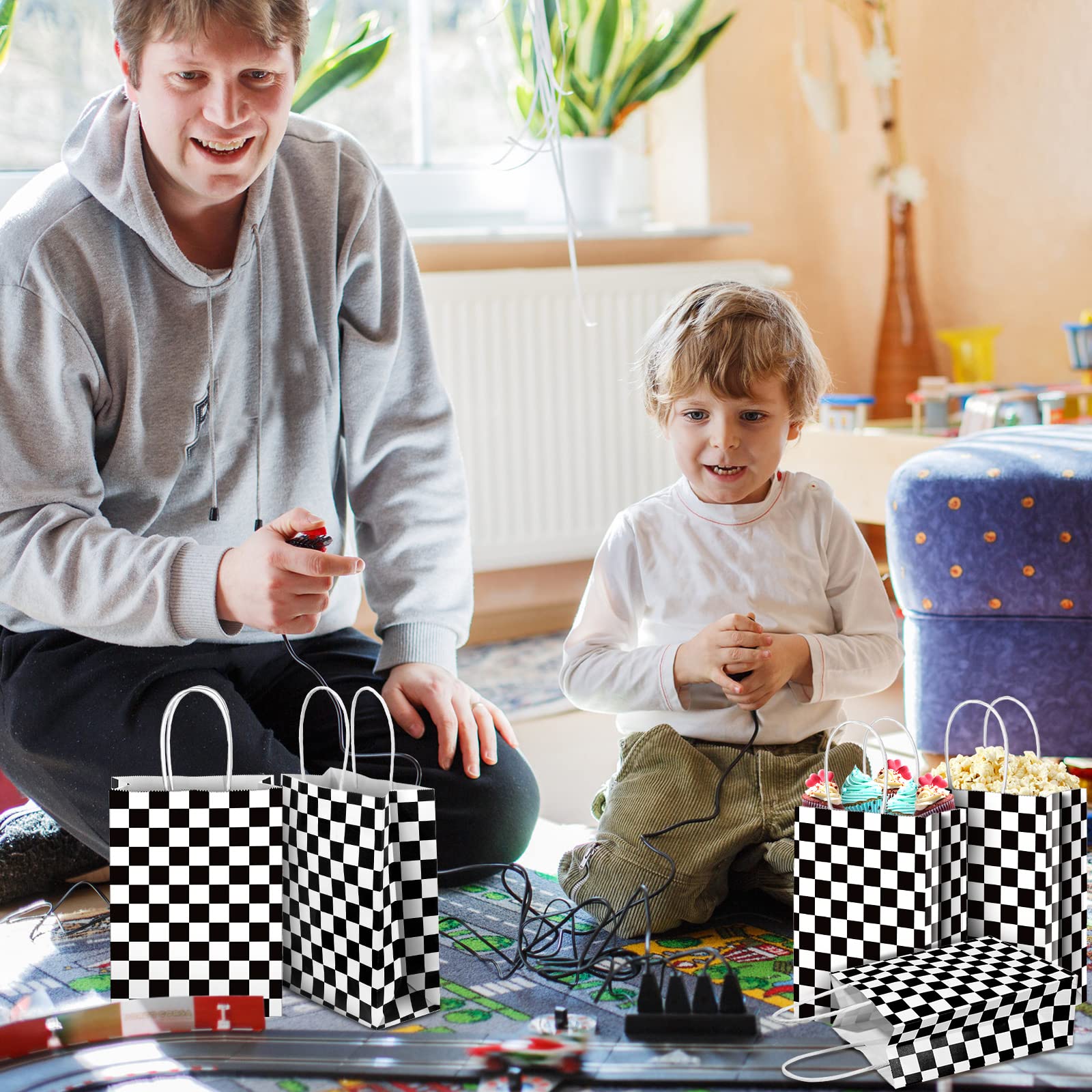 Epakh 16 Pcs Race Car Party Favor Bags, Checkered Flag Treat Bags
