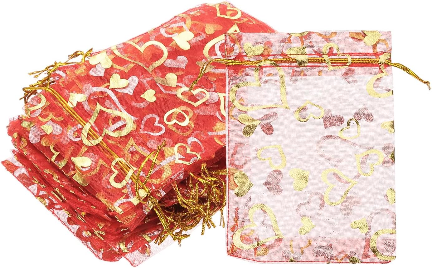 PATIKIL 50 Pcs 4x6 Inch Heart Printed Organza Bags, Red Sheer Heart Organza Bags with Drawstring for Christmas Candy Jewelry Party Wedding Favor Gift
