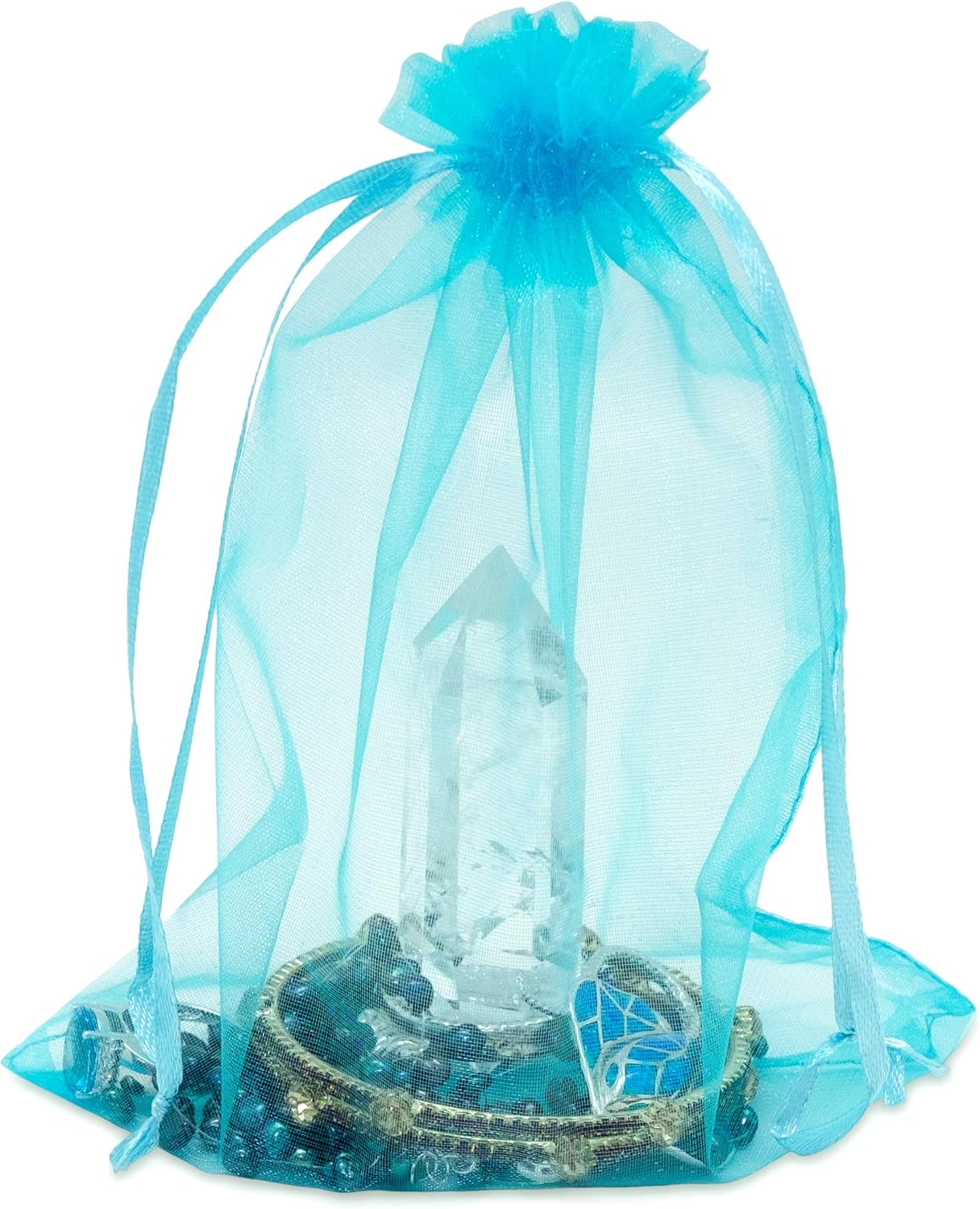 TheDisplayGuys 100-Pack 6x8 Turquoise Blue Sheer Organza Gift Bags with Drawstring, Jewelry Candy Treat Wedding Party Favors Mesh Pouch