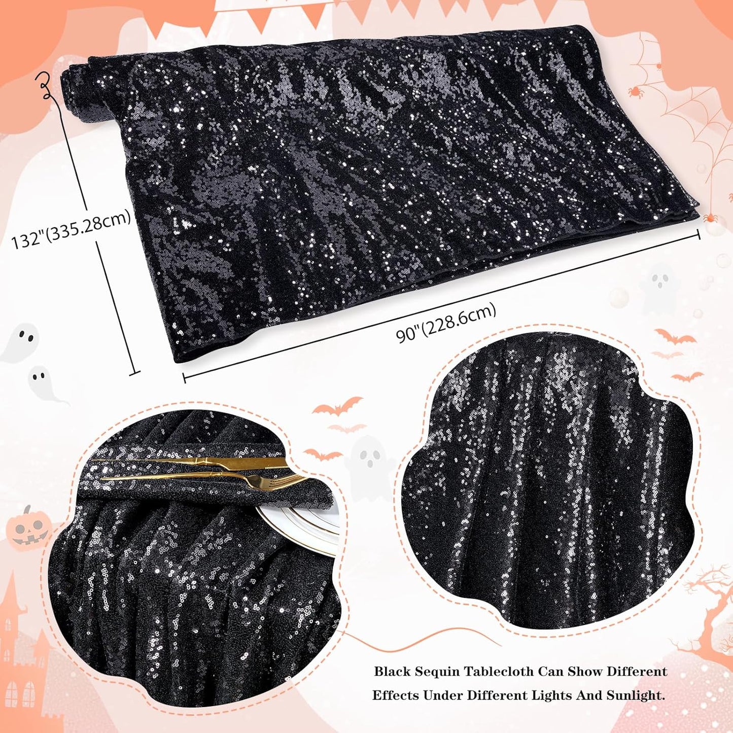 QueenDream Seamless Sequin Tablecloth 90x132 Inch Black Rectangular Tablecloth for Christmas Wedding Birthday Halloween