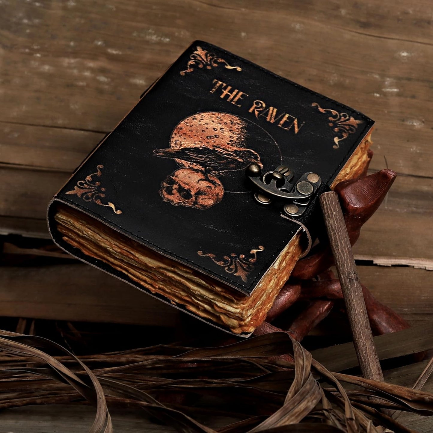 Leather Gothic Journal Magical Raven Skull Spiral Notebook Mystery Crow Journal Grimoire Witchcraft Spellwork Journal Great for Halloween and Raven Lovers Aesthetic Leather Journal for Men and Women