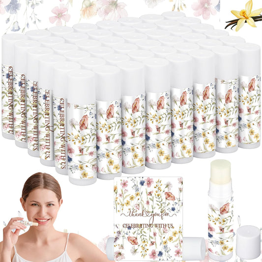 50 Pcs Wildflower Wedding Bridal Shower Gifts Bulk Floral Lip Balm Baby Shower Party Favors Thank You Appreciation Gifts for Women Tea Bachelorette Party