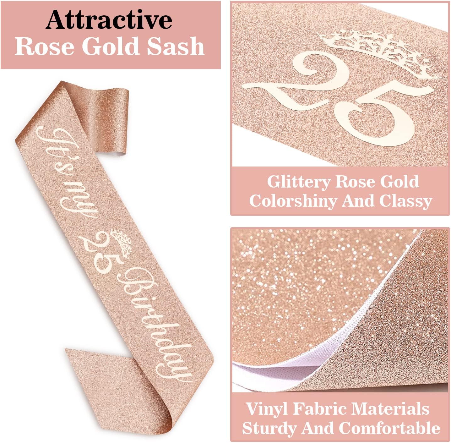 25th Birthday Decorations for Women Including Sash, Tiara/Crown, Numeral Candles and Cake Topper, 25th Birthday Gifts for Women, Rose Gold Party Favor Supplies