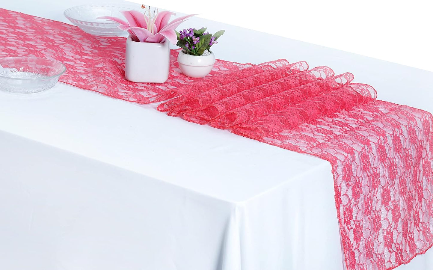 MDS Pack of 20 Wedding 12 x 108 inches Lace Table Runner for Wedding, Decorations for Birthday Parties, Banquets, Graduations, Engagements, and Runners fit Rectangle, Round Table- Coral