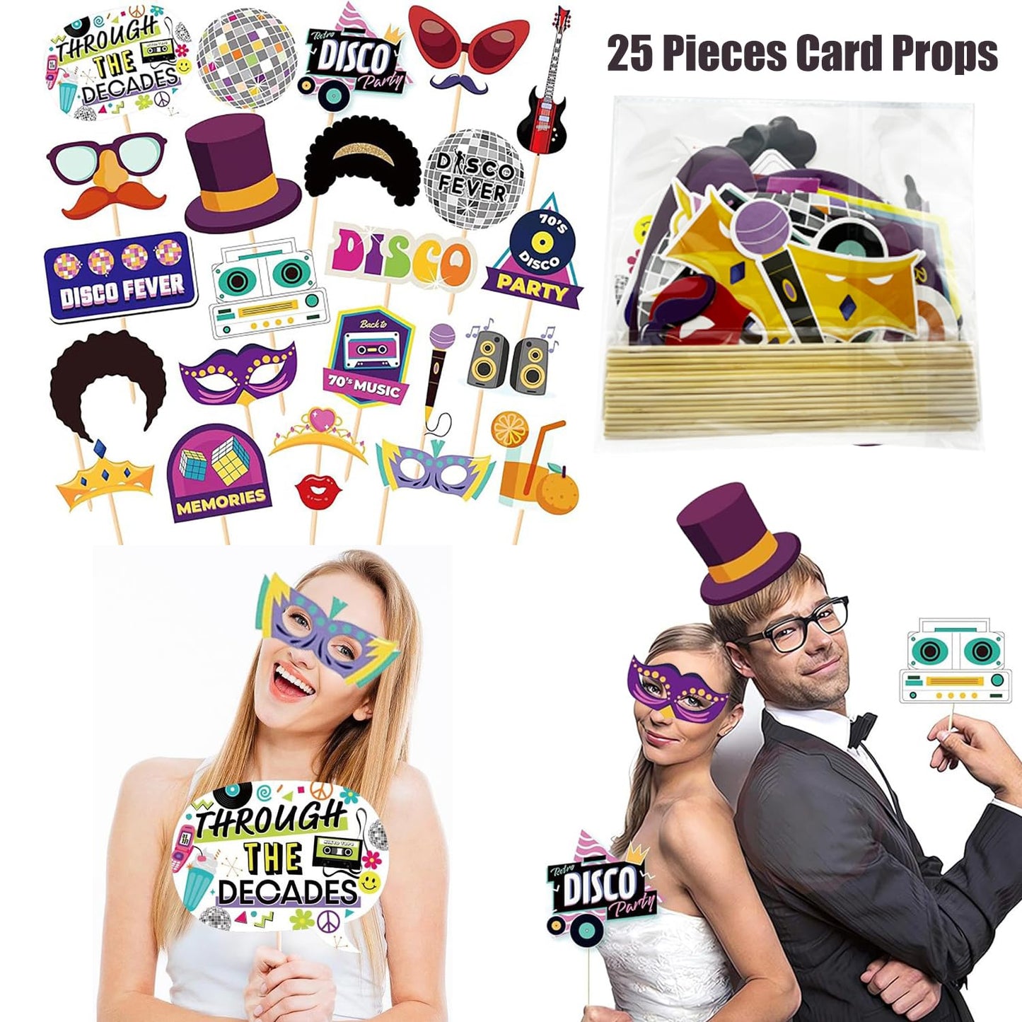 50 Pcs Rock Party Photo Booth Props Set for Adults, Funny Rock Star Party Sunglasses, Hats, Wigs