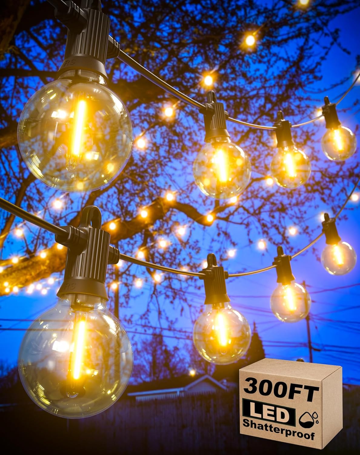 Outdoor String Lights Waterproof, 300FT Patio Lights with 146 Shatterproof G40 Globe Bulbs(6 Spare), Connectable Dimmable LED Hanging String Lights for Outside Backyard Porch Balcony (150FT x 2)