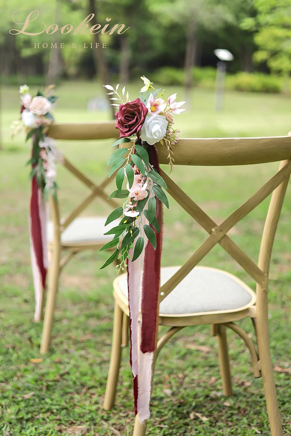Lookein Wedding Aisle Chair Decorations Set of 8 Pew Flowers with Tails for Wedding Ceremony Chair Decorations, Marsala