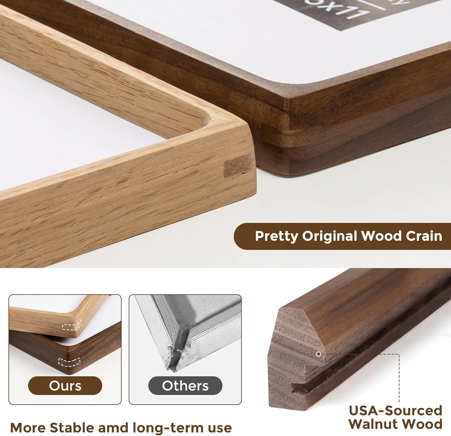 6x8 Frame USA-Sourced Natural Walnut Wood Solid Wood Photo Frame Handcrafted Rounded Corner with Mat to 5x7 Picture Frames Display with Real Glass Family Picture, Wedding Picture, Photo, Certificate