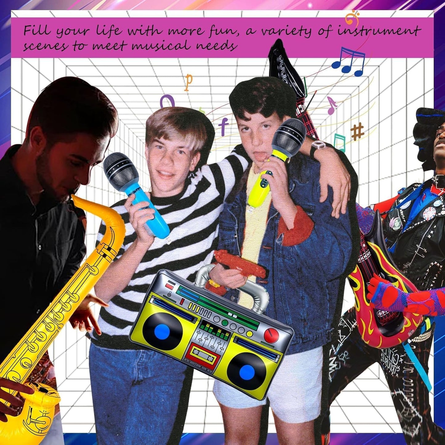 10 Pieces Inflatable Instruments Party Props Set Photo Booth Props Inflatable Guitar Saxophone Bass Lute Microphone Recorder Piano Theme Party Rock Toys Decorated Vintage Period Party