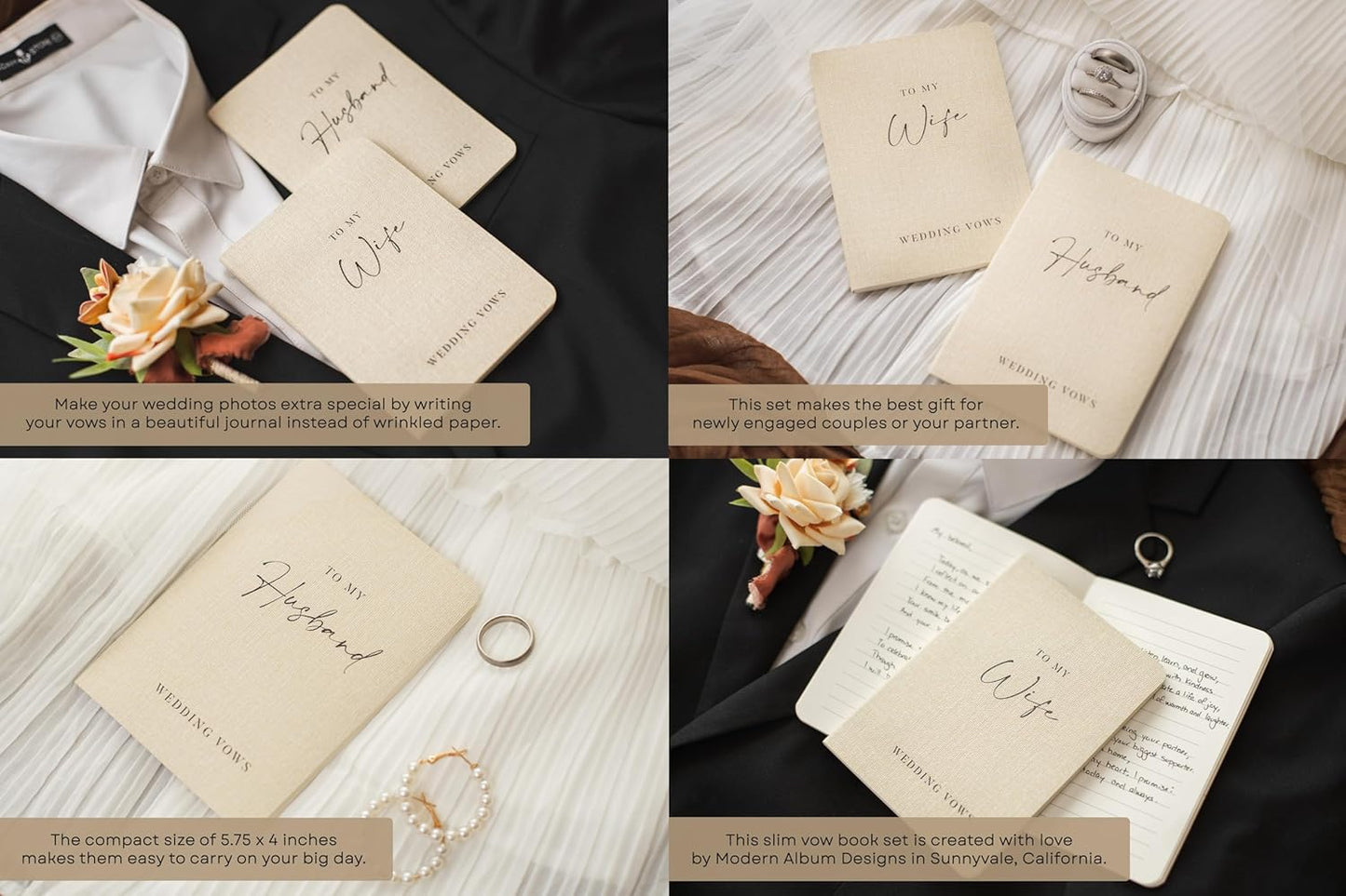 Slim Vow Books (Set of 2 - Design 2) - Soft Cream Canvas Linen Textured Cover Wedding Vow Booklets, Ceremony Speech Promise Notebook Journal, Gift for Newly Engaged Couple, 48 Lined Pages, 5.75" x 4"