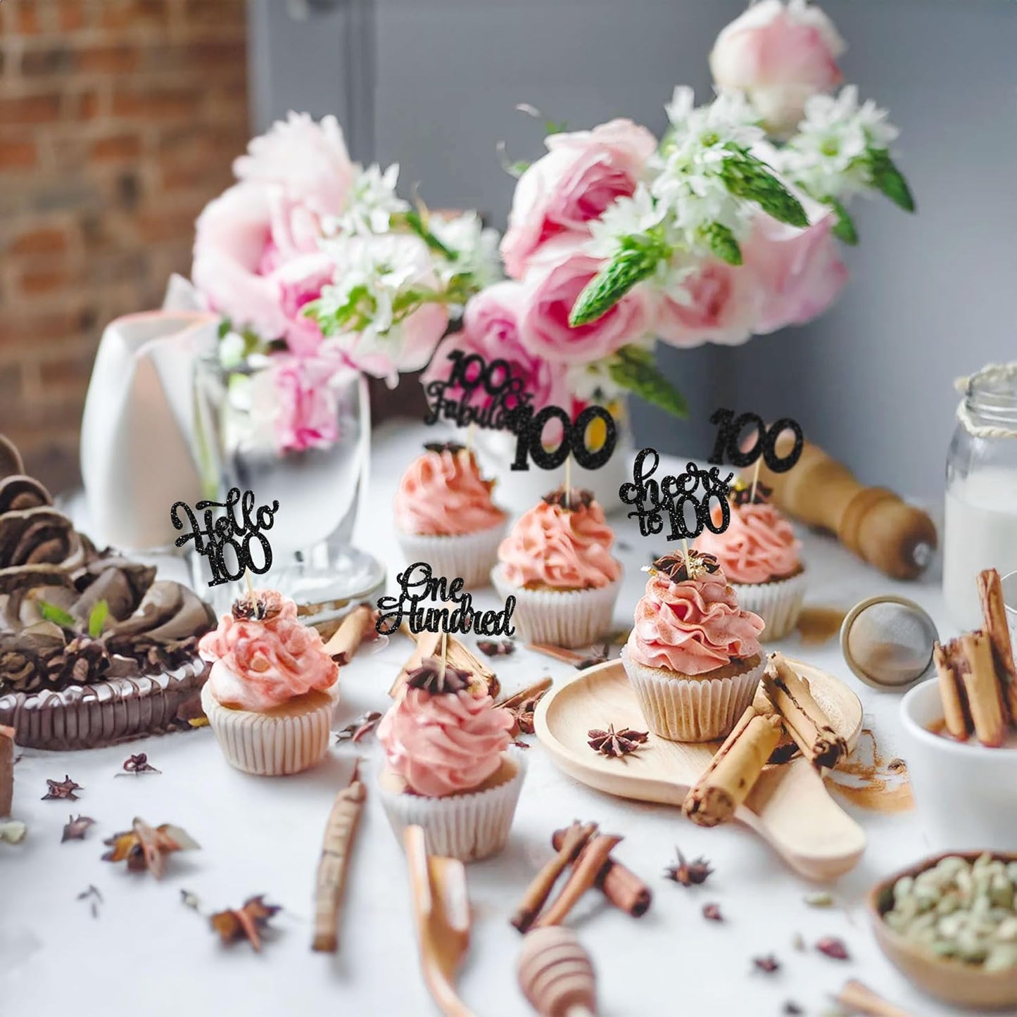 30pcs Happy 100th Birthday Cupcake Toppers - Black Glitter One Hundred Cheers to 100 Years Old Cupcake Picks for Anniversary Party Cake Decorations