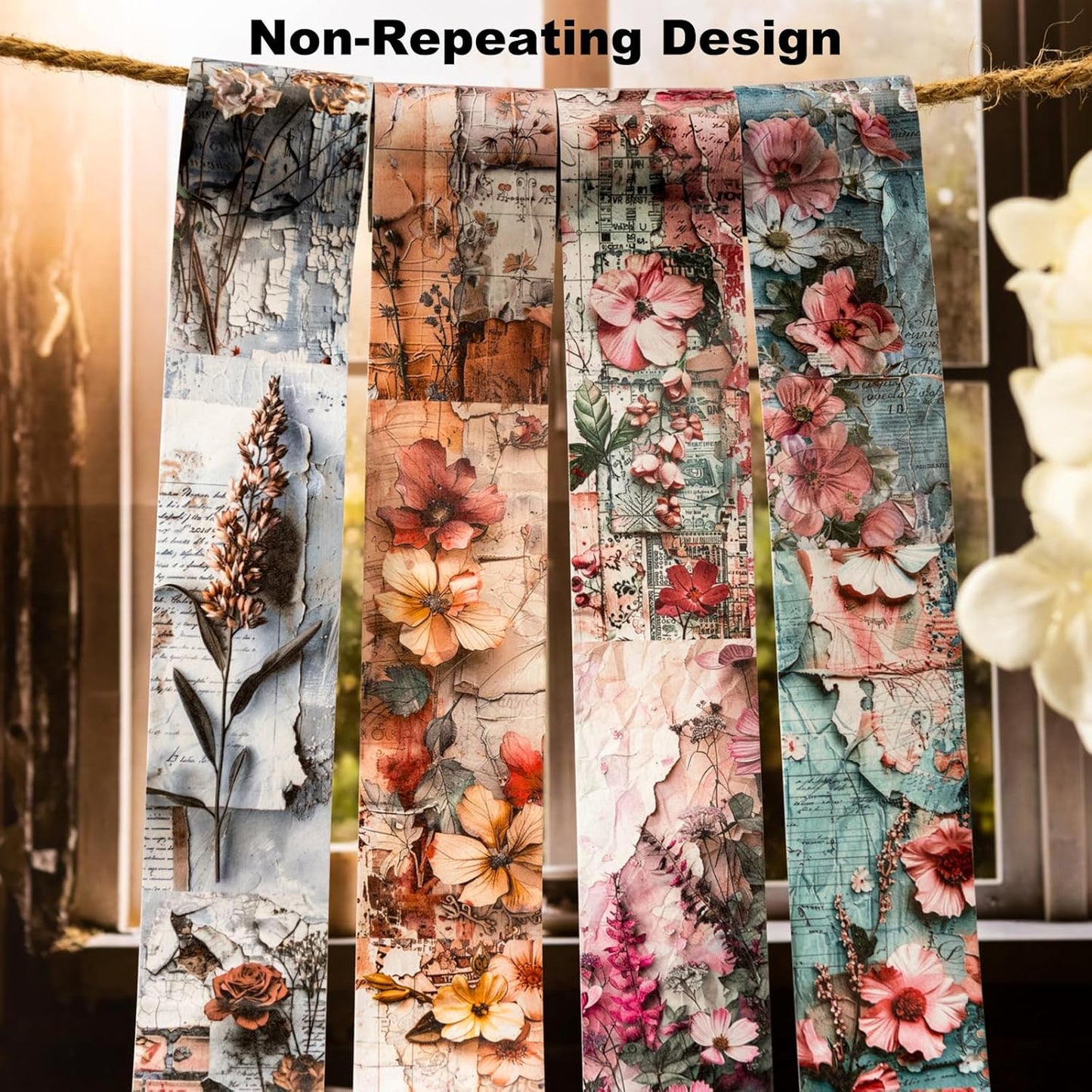 Vintage Floral Washi Tape Set ??6 Rolls, 2M Non-Repeating Flower Collage Designs, Decorative Craft Tape for Scrapbooking, Journals, Planners with Accessory Clip Included