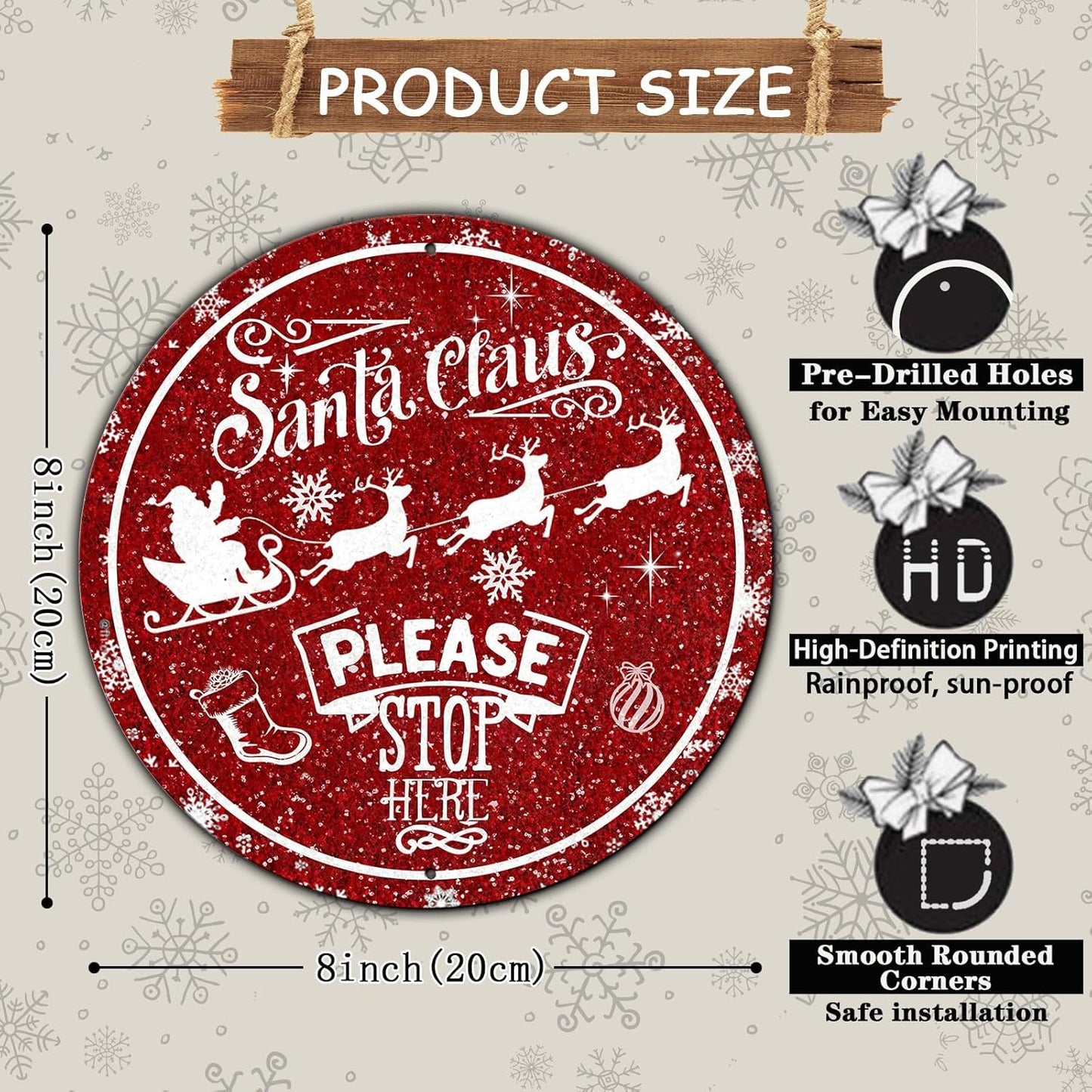 Round Metal Tin Sign - Santa Sleigh Reindeer Vintage Sign - Santa Claus Please Stop Here Sign for Christmas Living Room Bedroom Coffee Bar - 8 * 8 in