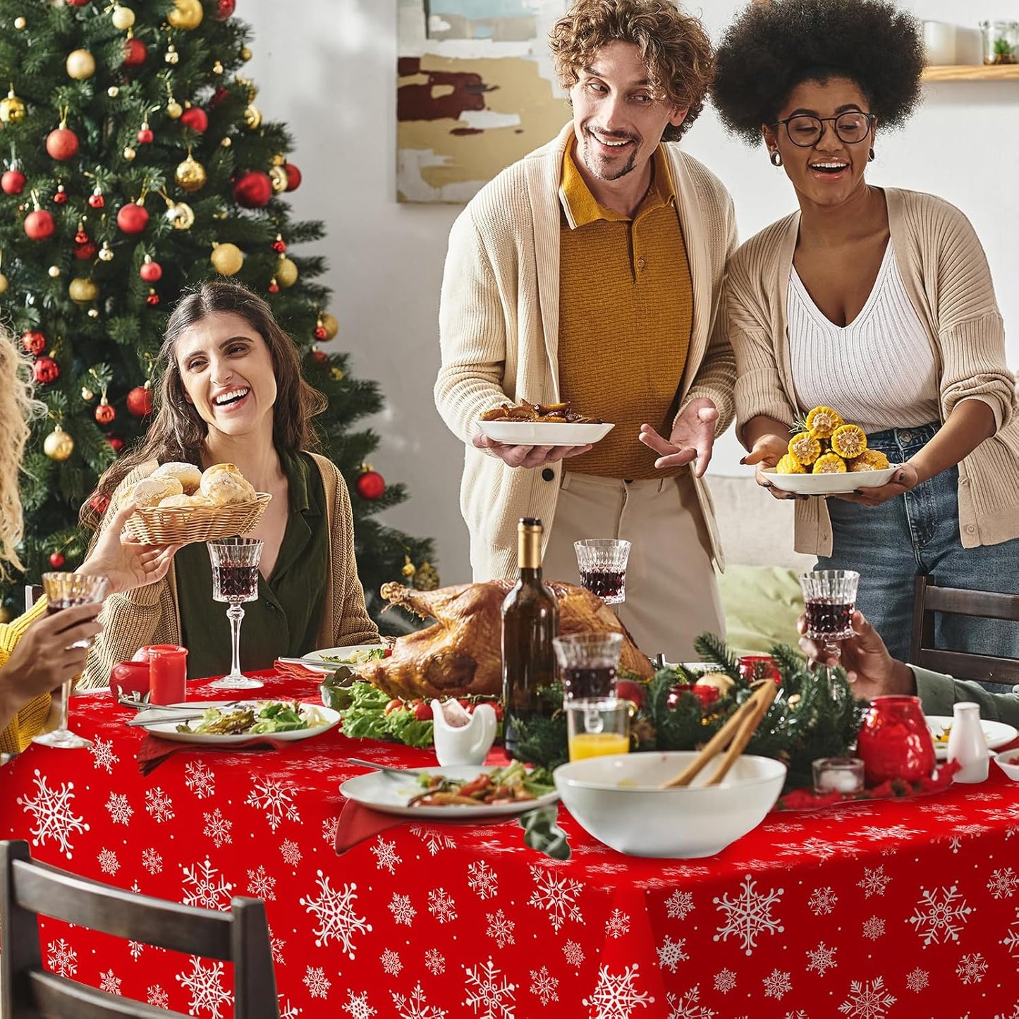 4.5x 100 Feet Roll of Christmas Plastic Tablecloth Decorations,Disposable White Snowflake Red Xmas Table Cover Photography Backdrop with Cutter Box for Winter Christmas Holiday New Year Party Supplies