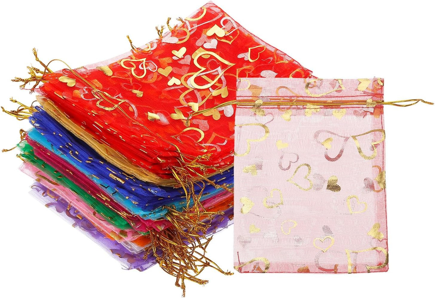 PATIKIL 100 Pcs 5x7 Inch Heart Printed Organza Bags, 10 Color Sheer Heart Organza Bags with Drawstring for Christmas Candy Jewelry Party Wedding Favor Gift