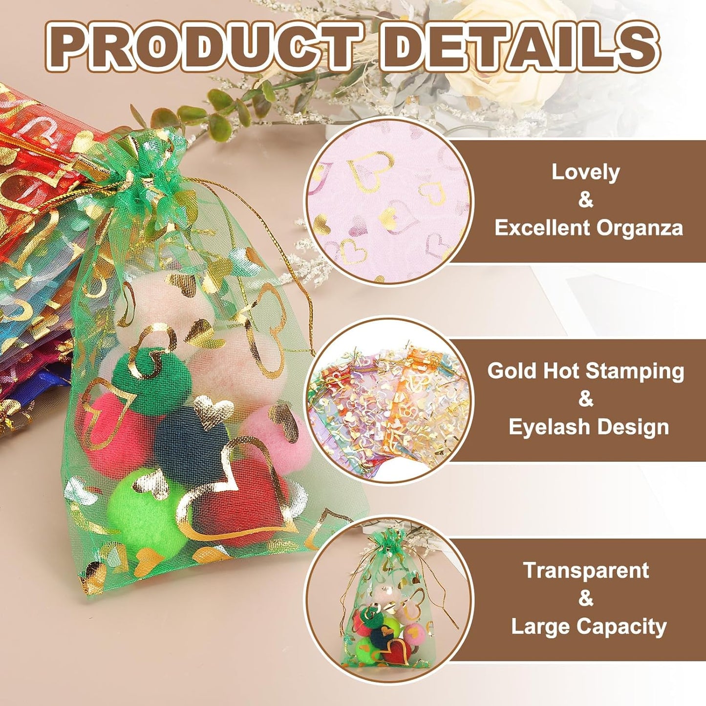 PATIKIL 50 Pcs 4x6 Inch Heart Printed Organza Bags, Silver Sheer Heart Organza Bags with Drawstring for Christmas Candy Jewelry Party Wedding Favor Gift