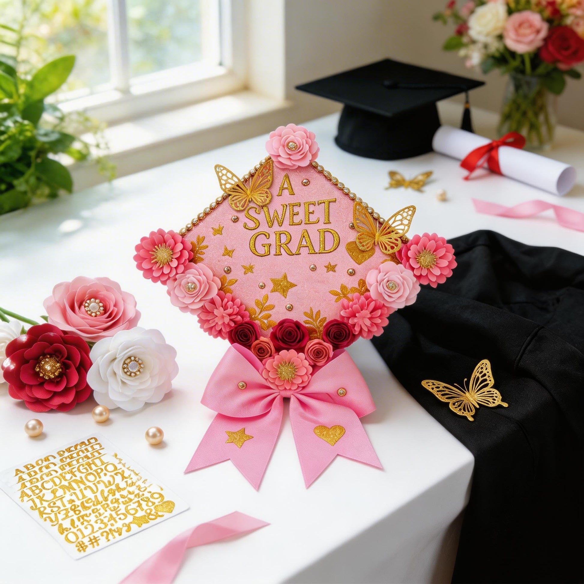 Premium Graduation Cap Topper Kit 2026 with 350g Glitter Cardstock Base - 3D Paper Flowers